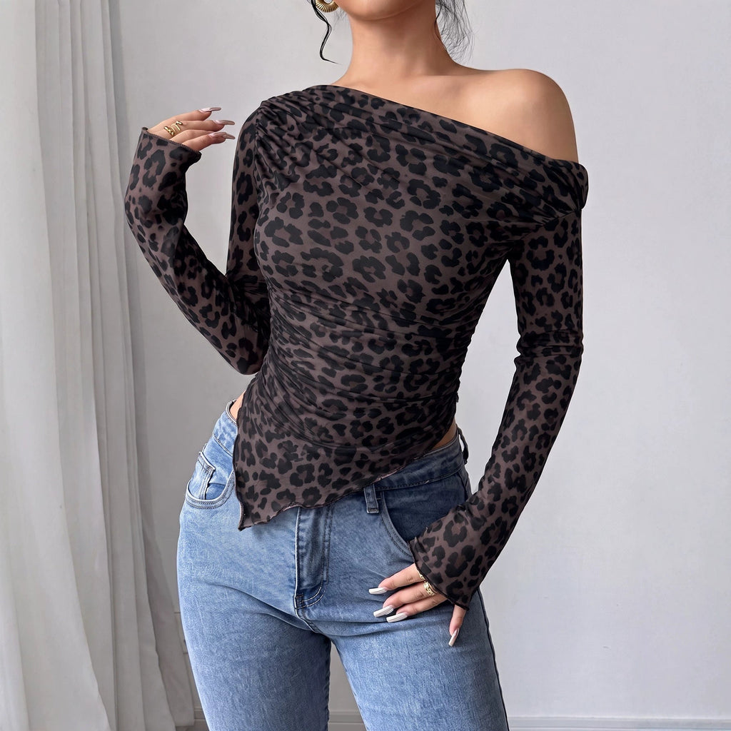 New Retro Leopard-print Off-shoulder Long-sleeve Top With A Fitted Waist