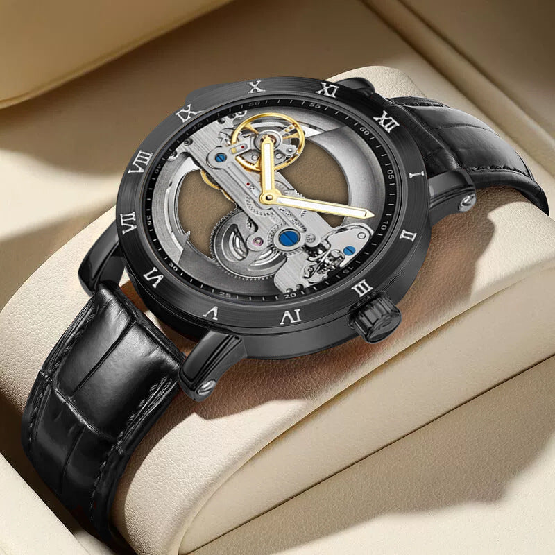 Wolishi Mens Mechanical Watch Leather Strap Waterproof Open-work Design