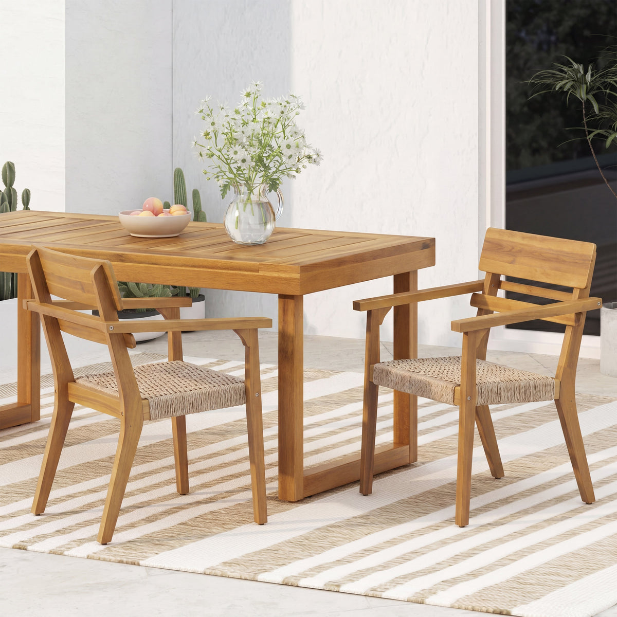 Outdoor Acacia Wood Dining Chairs with Woven Wicker Seats