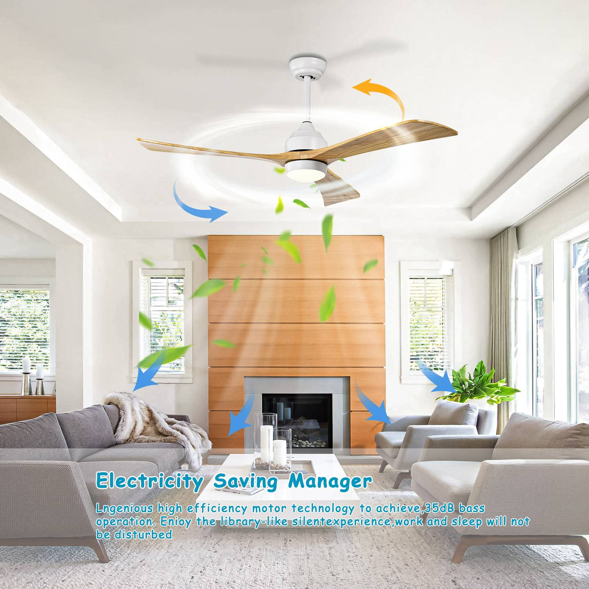 52" Solid Wood Blades Ceiling Fan with Light and Remote Control