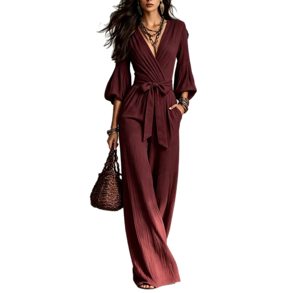 Deep V-neck Jumpsuit With Bubble Sleeves And Wide-leg Pants
