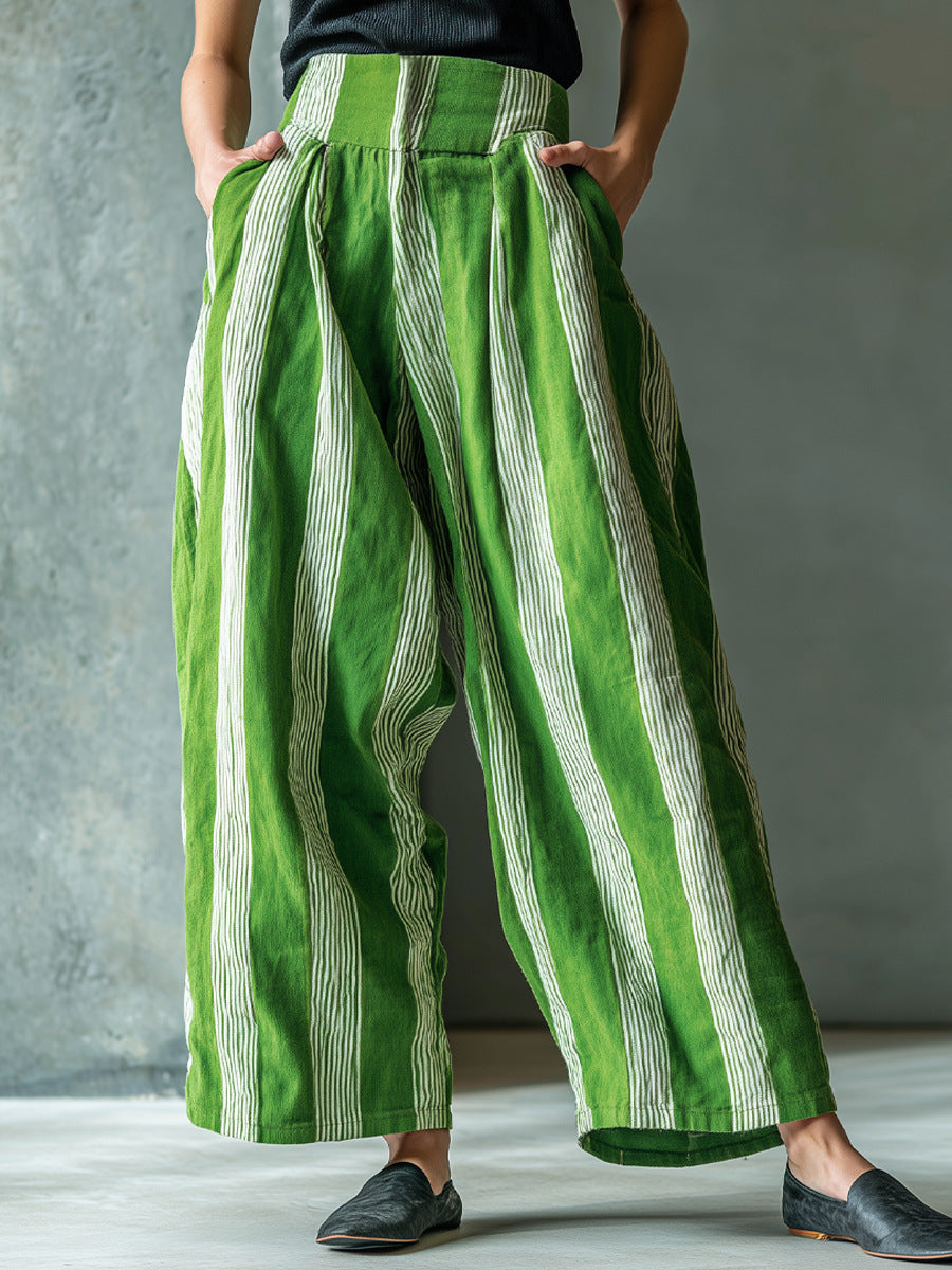 Autumn New European And American Cross-Border Women's Loose Casual Vacation Style Linen Striped Wide-Leg Pants With A High-End Feel