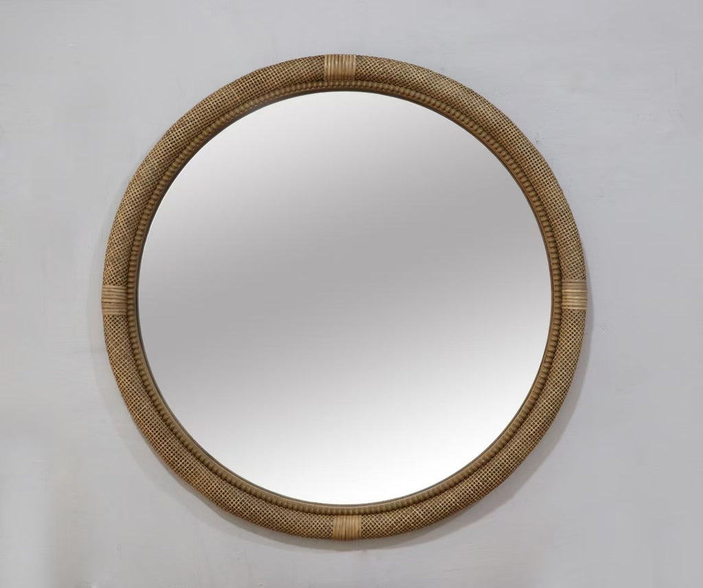 31.9" Woven Rattan Decorative Round Mirror with Wrapped Accents