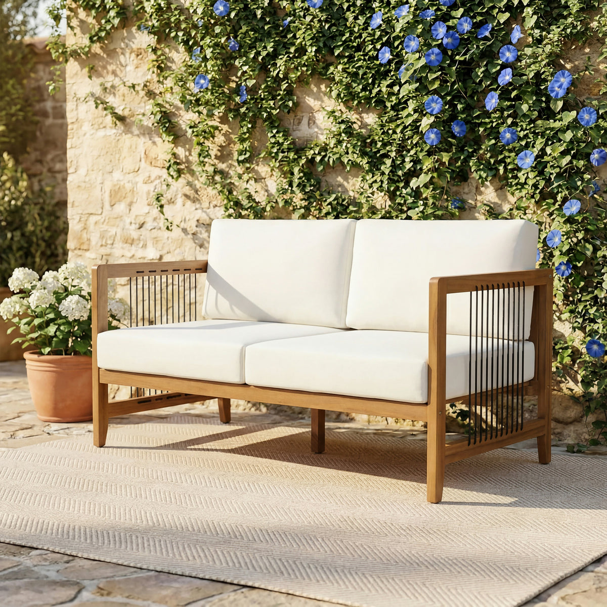 Acacia Wood Outdoor Loveseat with Handwoven Rope