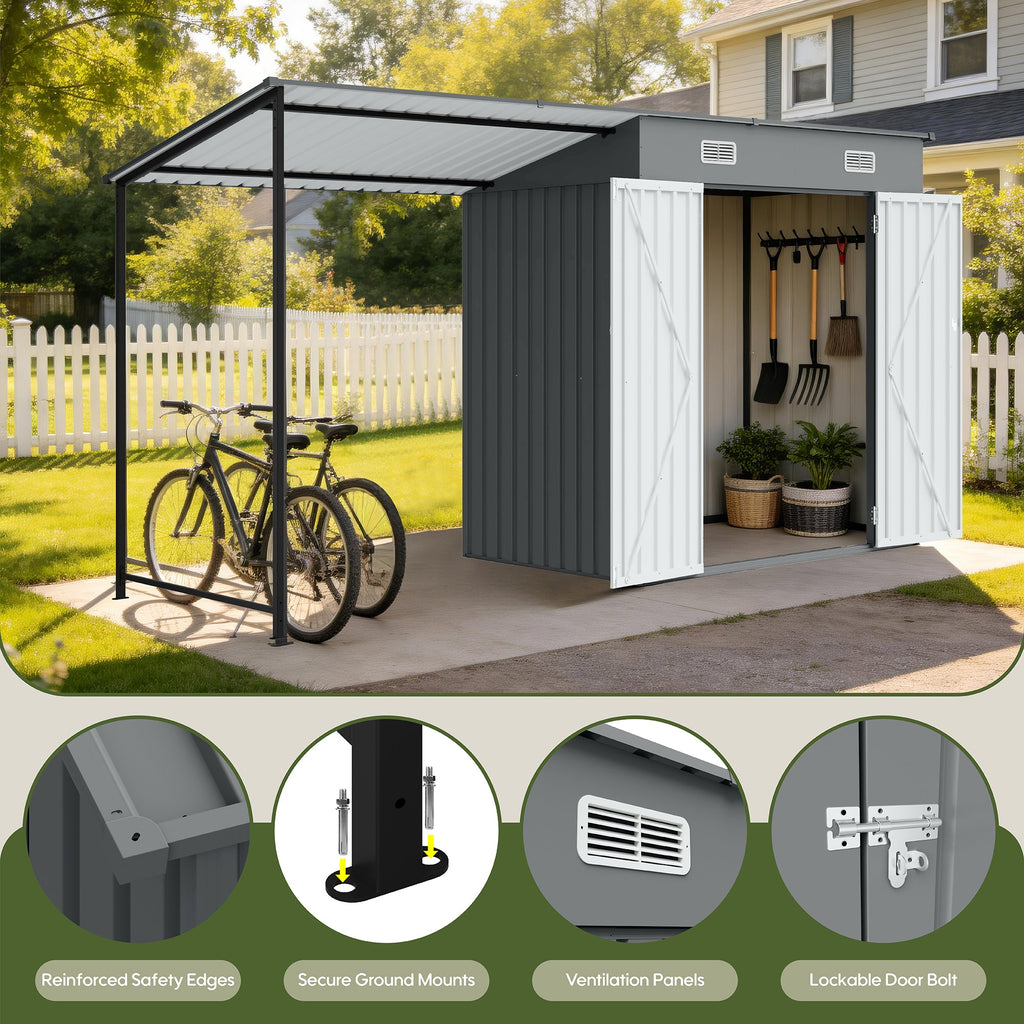 12x4 FT Metal Lean-To Shed with Pergola & Hardtop Gazebo Combo