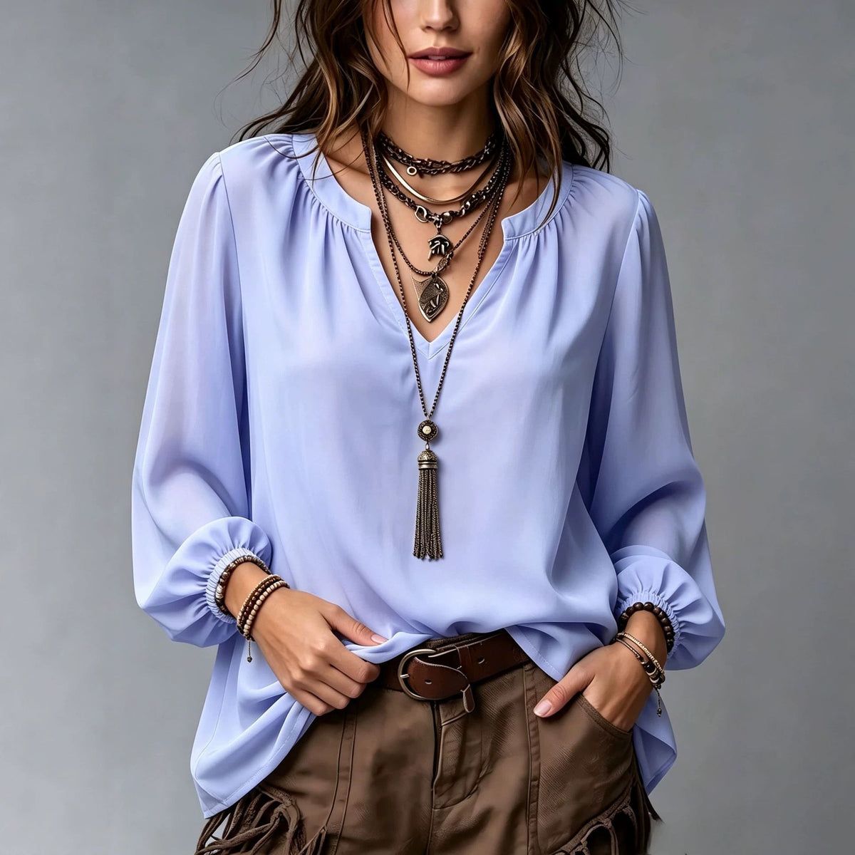 Elegant V-neck Shirt With Puff Sleeves For Women