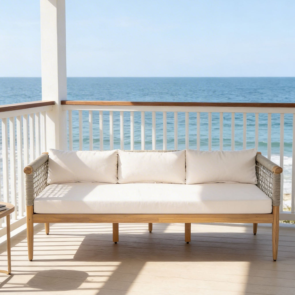 Outdoor Acacia Wood 3-Seater Sofa with Rope Woven Arms