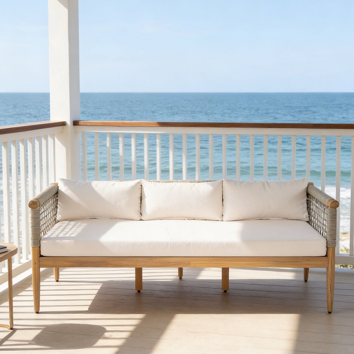 Outdoor Acacia Wood 3-Seater Sofa with Rope Woven Arms
