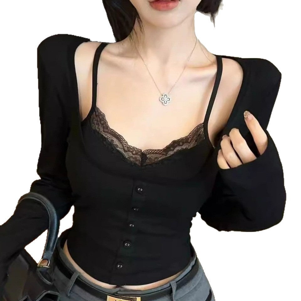 New Pure-temptation Sexy Faux Two-piece Lace Button-matched Long Sleeves