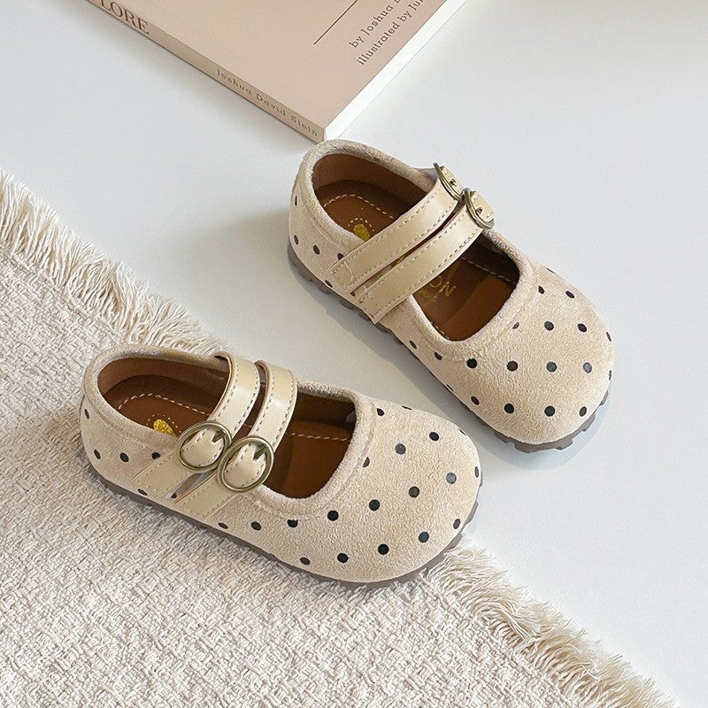 2026 Spring & Autumn New Kids Forest Style Polka Dot Leather Shoes, Korean Style Girls Shallow Mouth Princess Shoes, Soft Sole Casual Flats