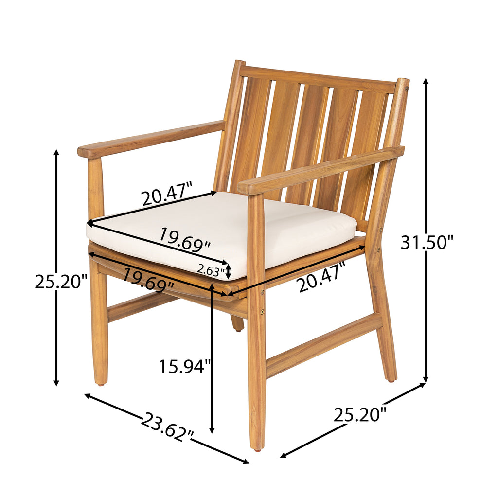 2-Piece Outdoor Acacia Wood Arm Dining Chairs with Removable Cushions