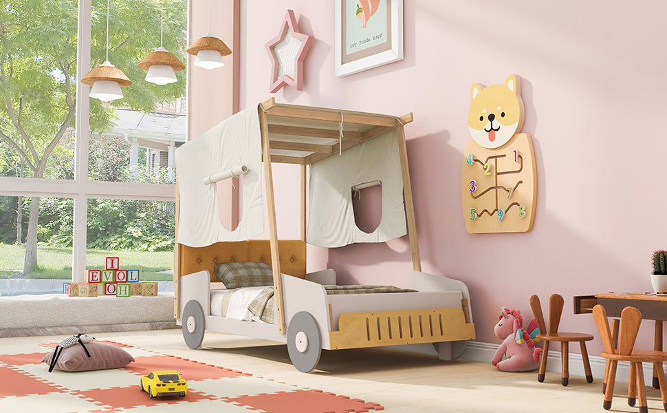 Wood Twin Size Car Bed with Pillow, Ceiling Cloth