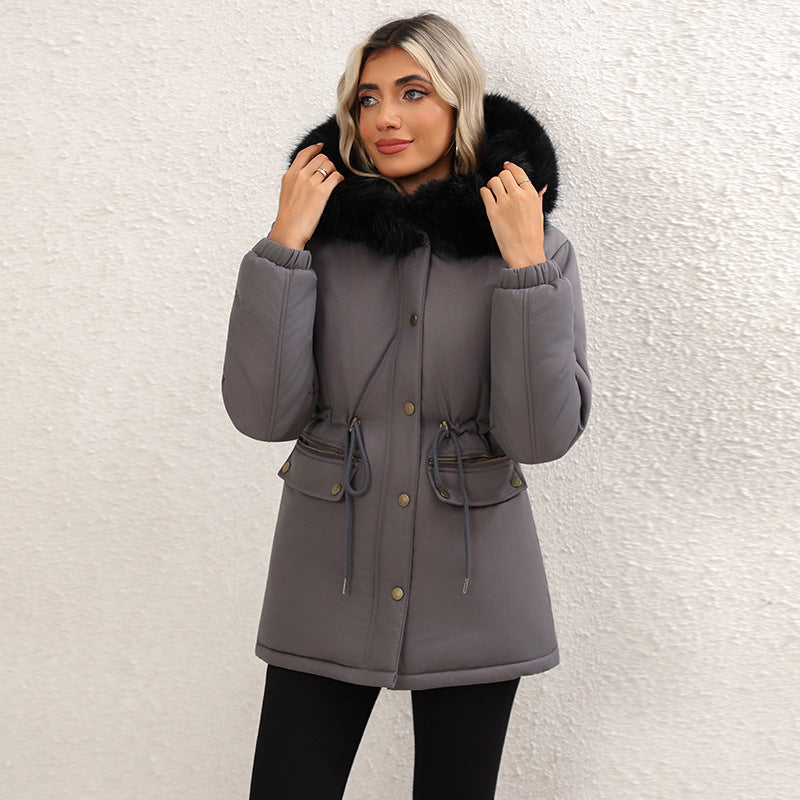 Women's Fleece-lined Mid-length Hooded Cotton Padded Jacket
