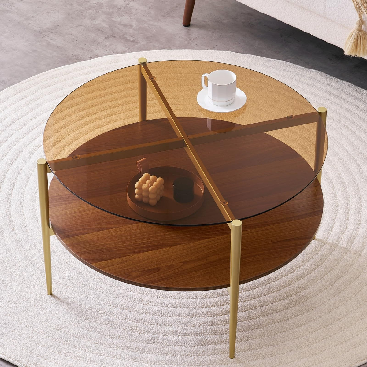 LumFurn Round Coffee Table Mid-Century Modern Design D30 x H17 for Living Room 2-Tier Structure Amber Glass Top and Walnut MDF Shelf Sleek Conical Metal Legs with Gold Finish