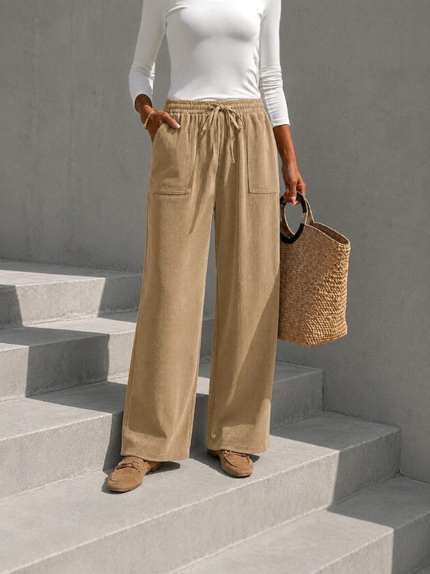 Autumn Winter European And American Cross-Border Women's Corduroy Wide Leg Pants With Elastic Waist And Drawstring, Loose Casual Long Pants
