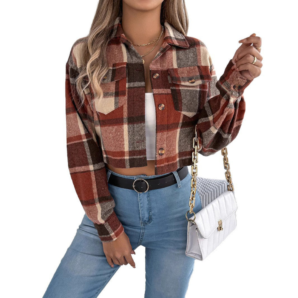 Color-block Plaid Long-sleeve Wool Short Jacket Coat