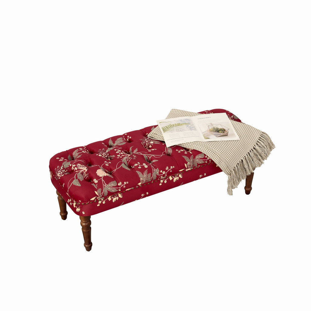 European Style Tufted Floral Bench with Turned Wood Legs