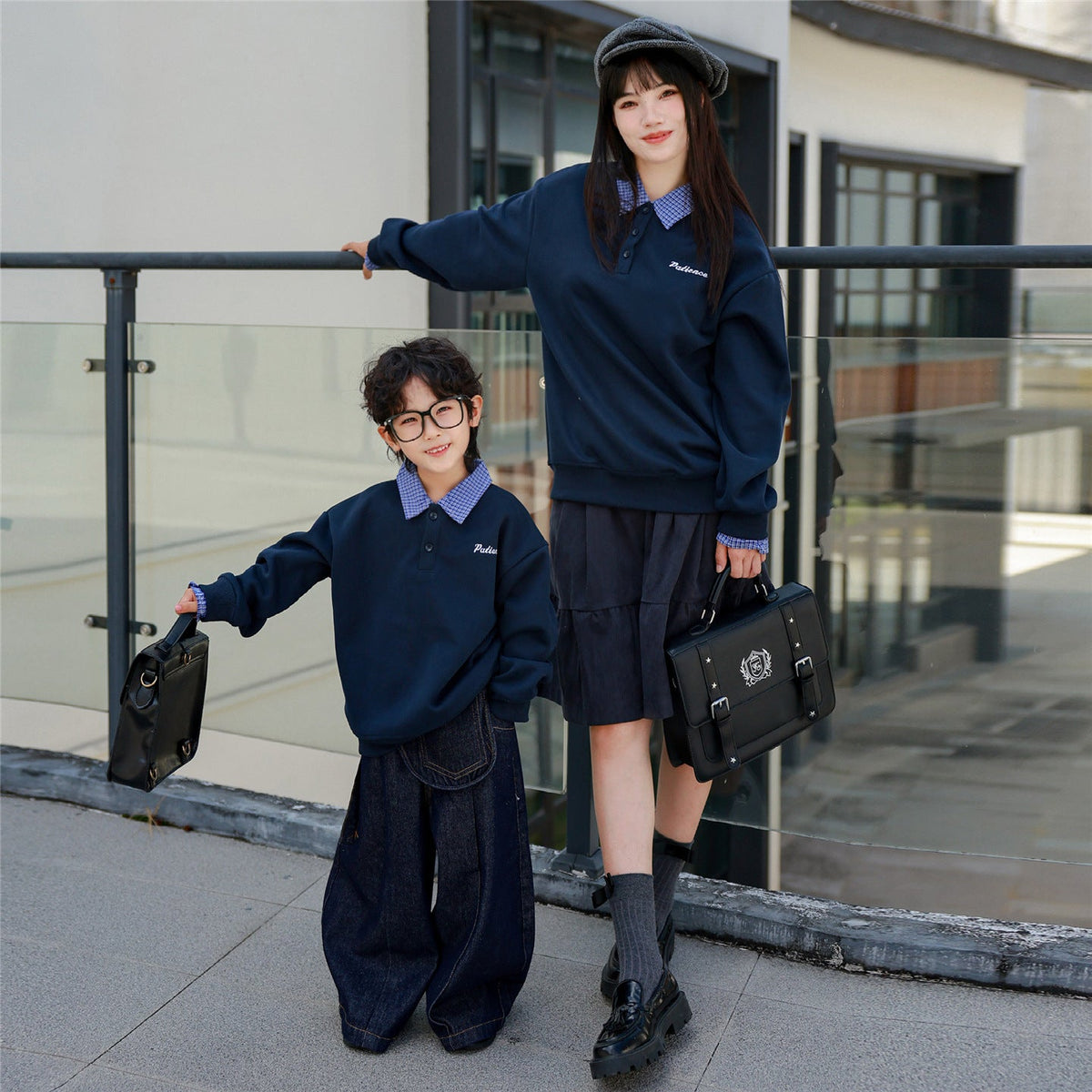 Retro Parent-child Outfit Plaid Patchwork Shirt-collar Hoodie Faux Two-piece Pullover Top