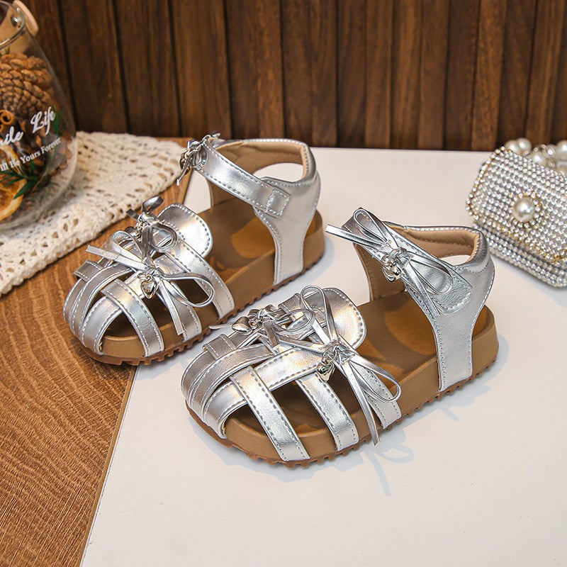 2026 Summer New Girls Sandals, Woven Style Sweet Bow Closed-Toe Sandals, Soft Sole Beach Shoes For Little Girls