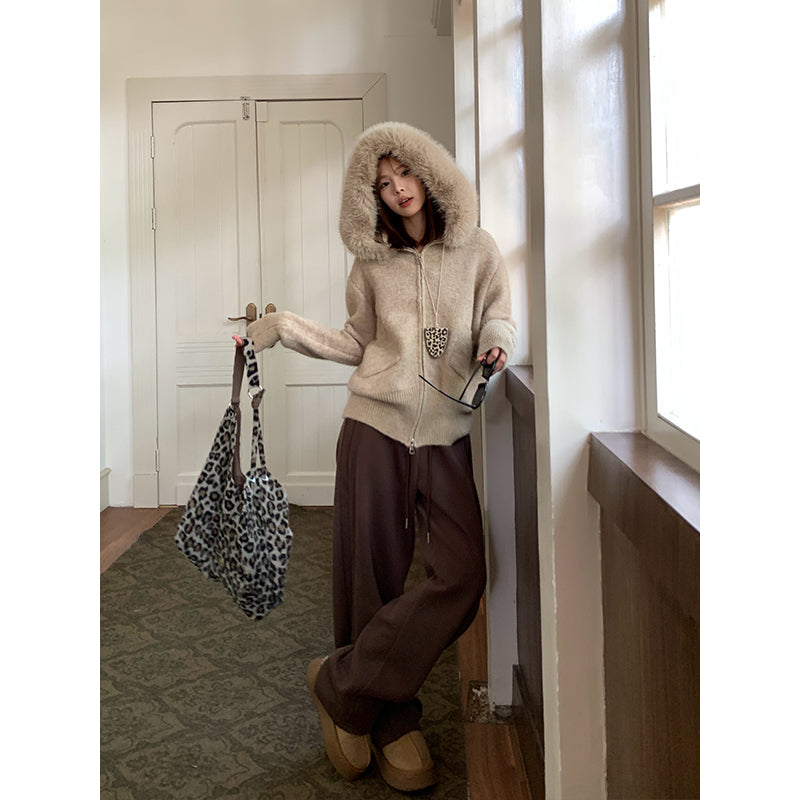 Fur Collar Hooded Knitted Coat For Women