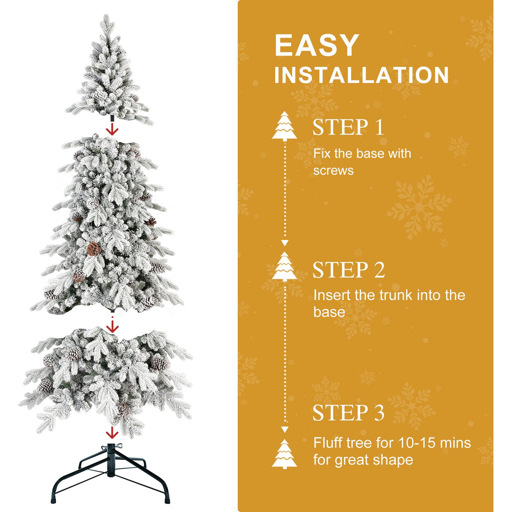 8 FT Flocked PE/PVC Christmas Tree with 44 Natural Pine Cones