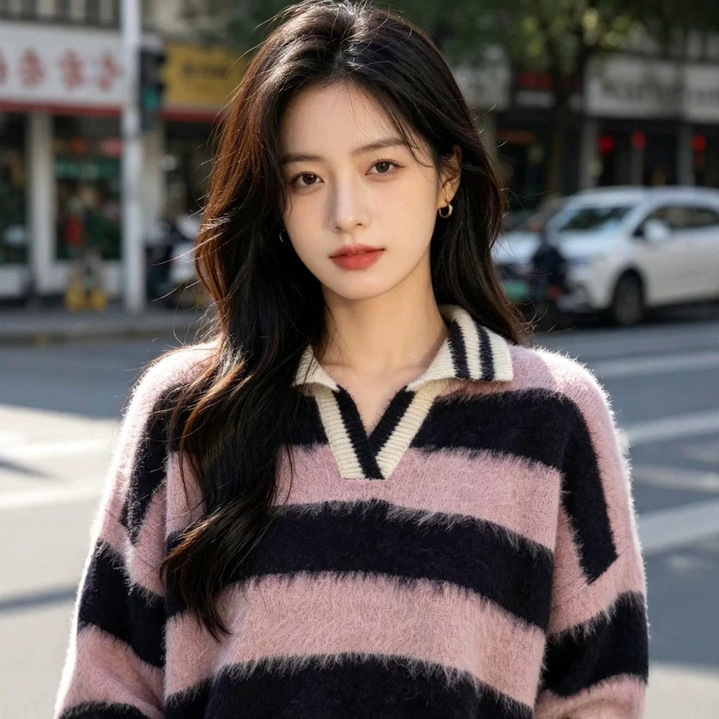 Retro Color-Block Striped Off-Shoulder Pullover Sweater For Women New AutumnWinter Top With Lapel Collar