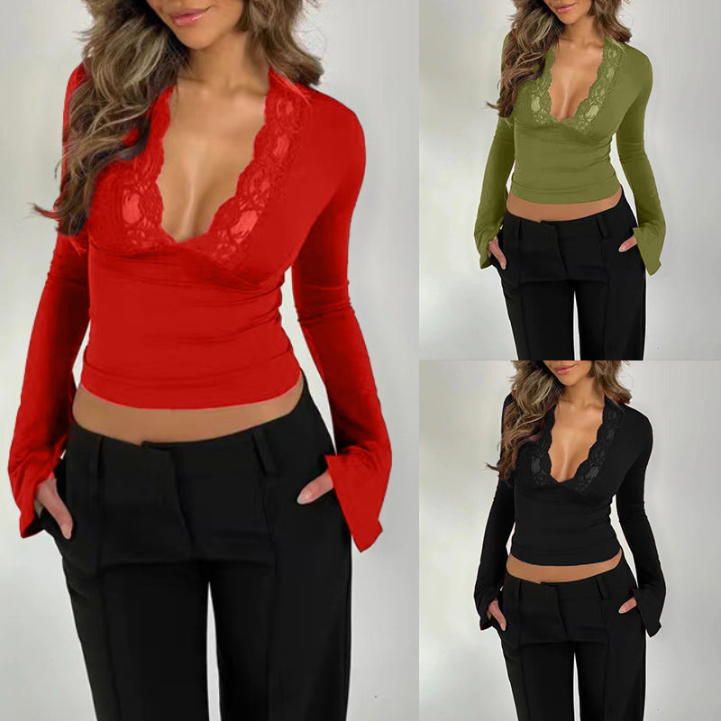 Summer New Product, Sweet And Spicy Style, Pure Color Lace Splicing, Slim Fit, Low-Neck, Exposed Chest, Slightly Flared Long-Sleeved Top
