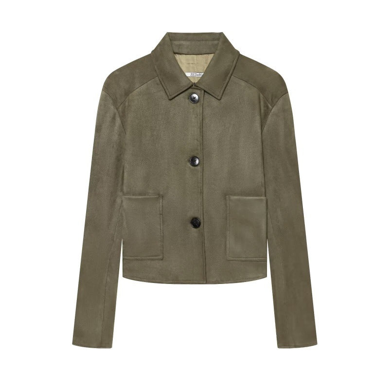 AutumnWinter Retro-chic Suede Velvet Lapel Double-breasted Jacket