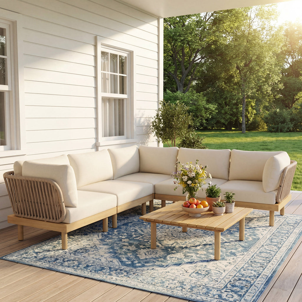 6-Piece Acacia Wood L-Shaped Modular Outdoor Sofa Set