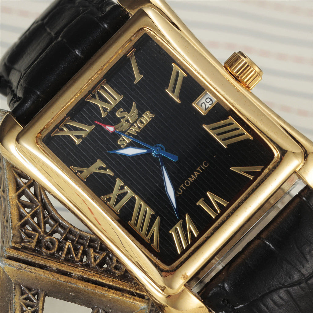 Mens Automatic Mechanical Square-case Leather-strapped Mens Watch Calendar Wristwatch