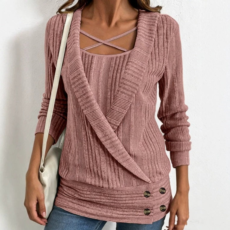 Womens Ribbed Long-sleeve Knit Undershirt With Crisscross Straps