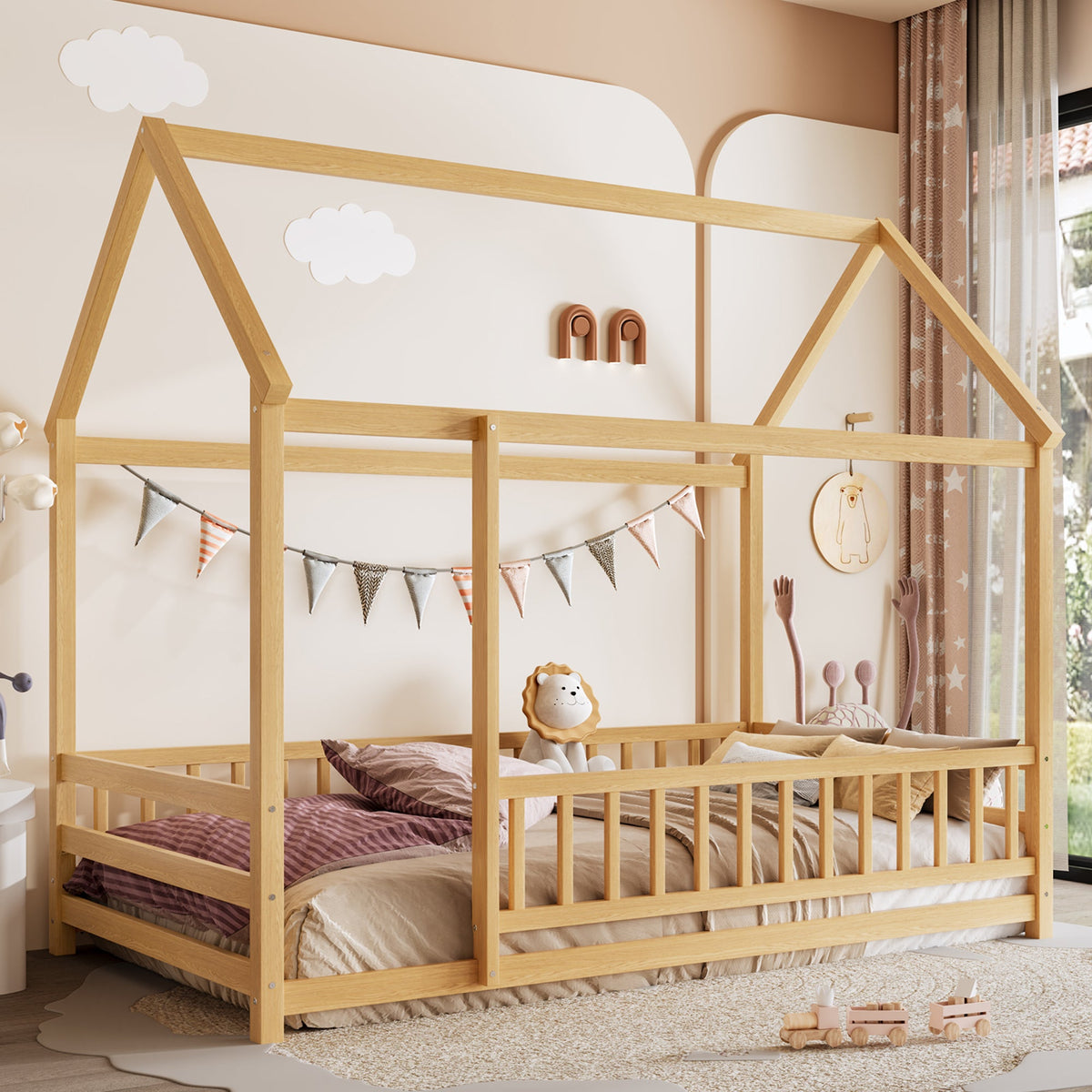 Twin Size Floor Wooden Bed with House Roof Frame
