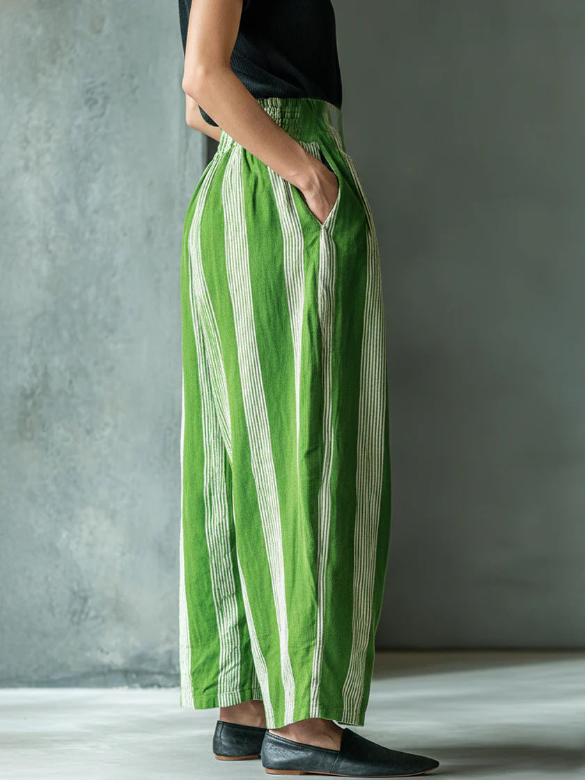 Autumn New European And American Cross-Border Women's Loose Casual Vacation Style Linen Striped Wide-Leg Pants With A High-End Feel