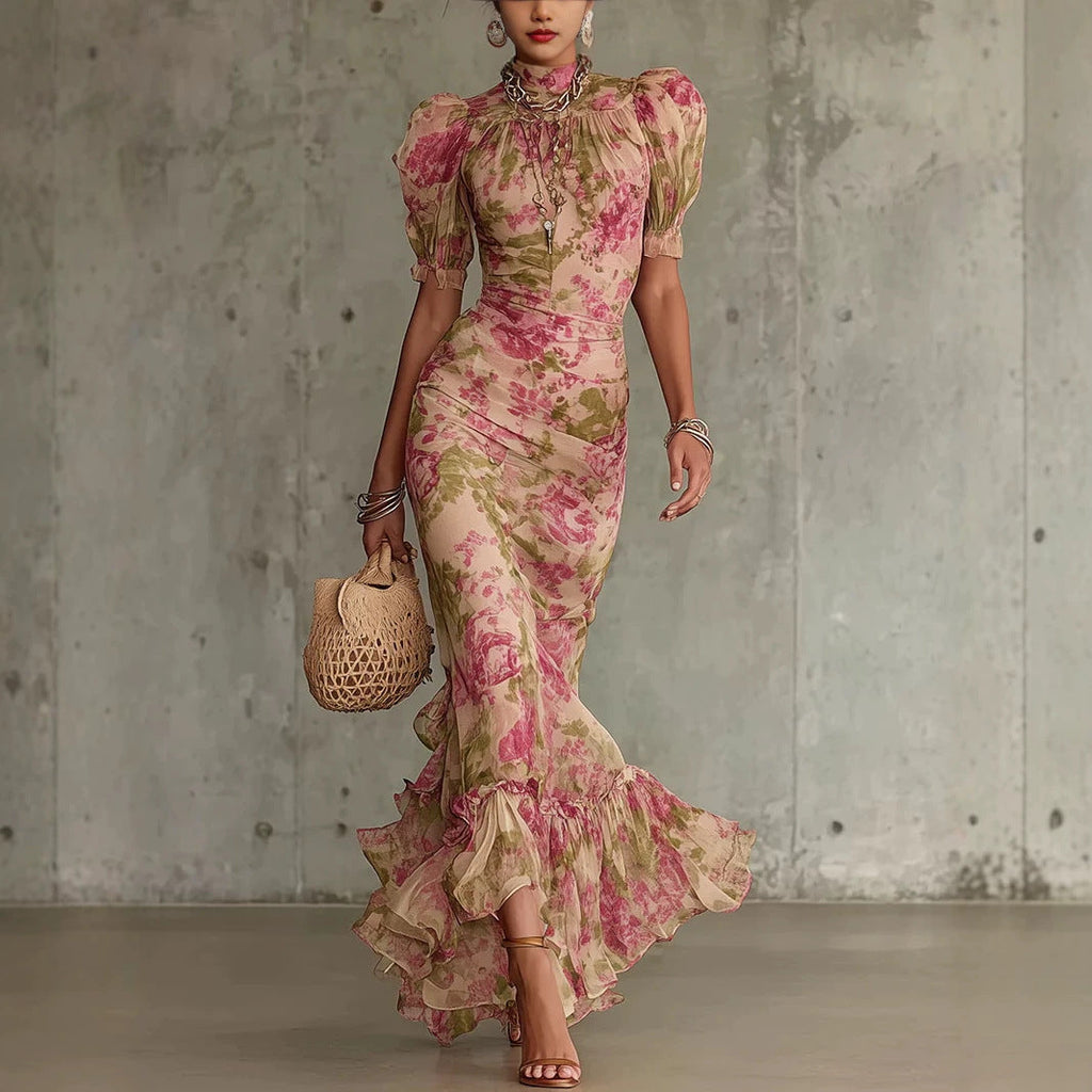 French-style Vintage Chiffon Dress, Summer High-neck Puff Sleeve, Waist-cinching, Slimming, Fishtail, Elegant, Ladylike, Vacation Long Dress