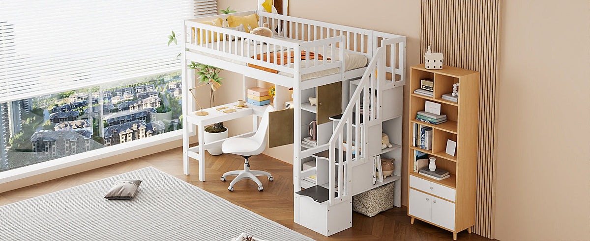 Wood Twin Size Loft Bed with Built-in Desk, LED, Storage Shelves, Cabinets and Staircase