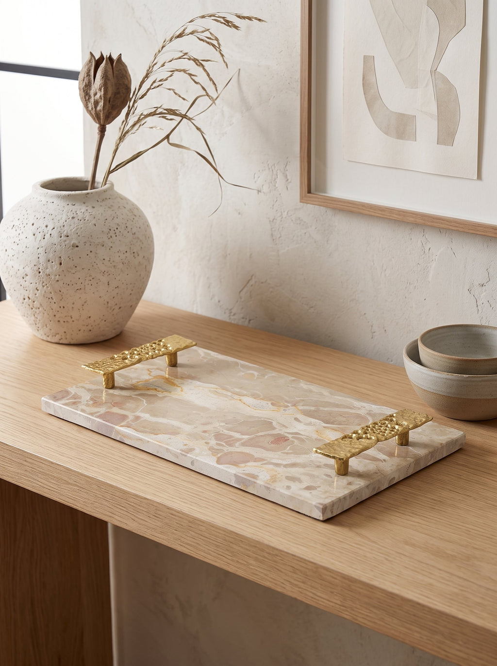 17.7" Marble Tray with Gold Handles