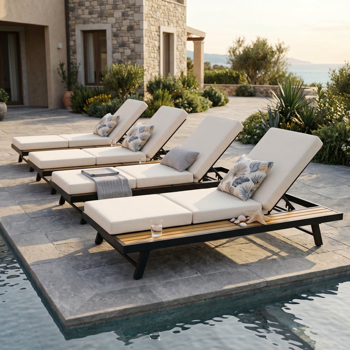 Black Iron + Teak Finish Chaise Lounge Set with Dark Frame