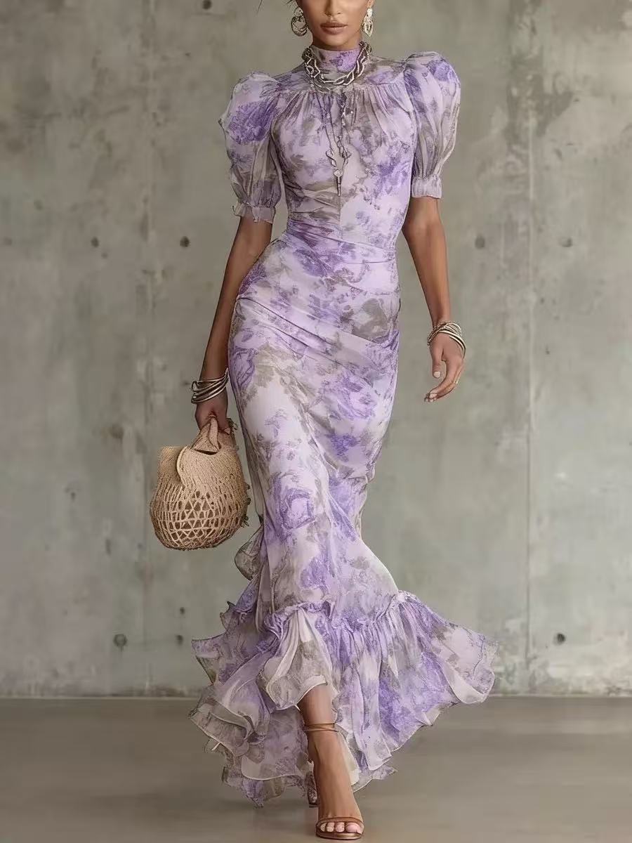 French-style Vintage Chiffon Dress, Summer High-neck Puff Sleeve, Waist-cinching, Slimming, Fishtail, Elegant, Ladylike, Vacation Long Dress