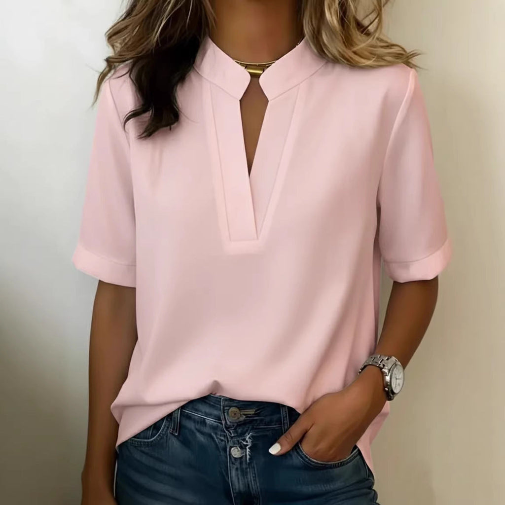 2026 Summer Women S V Neck Casual T Shirt  Solid Color Loose Fitting Women S Short Sleeved Top