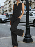 EBay Amazon European And American Cross-border Spring-summer Solid Color Wide-leg Jumpsuit Casual Loose V-neck Buttoned Jumpsuit For Women