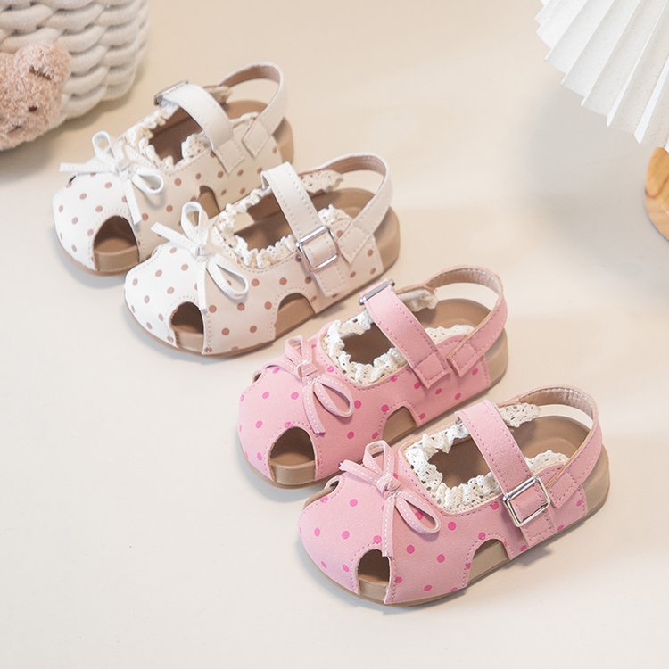 Girls' Sandals For Summer, Little Girls' Polka Dot Princess Shoes With Soft Soles And Toe Caps, Beach Walking Shoes For Beginners