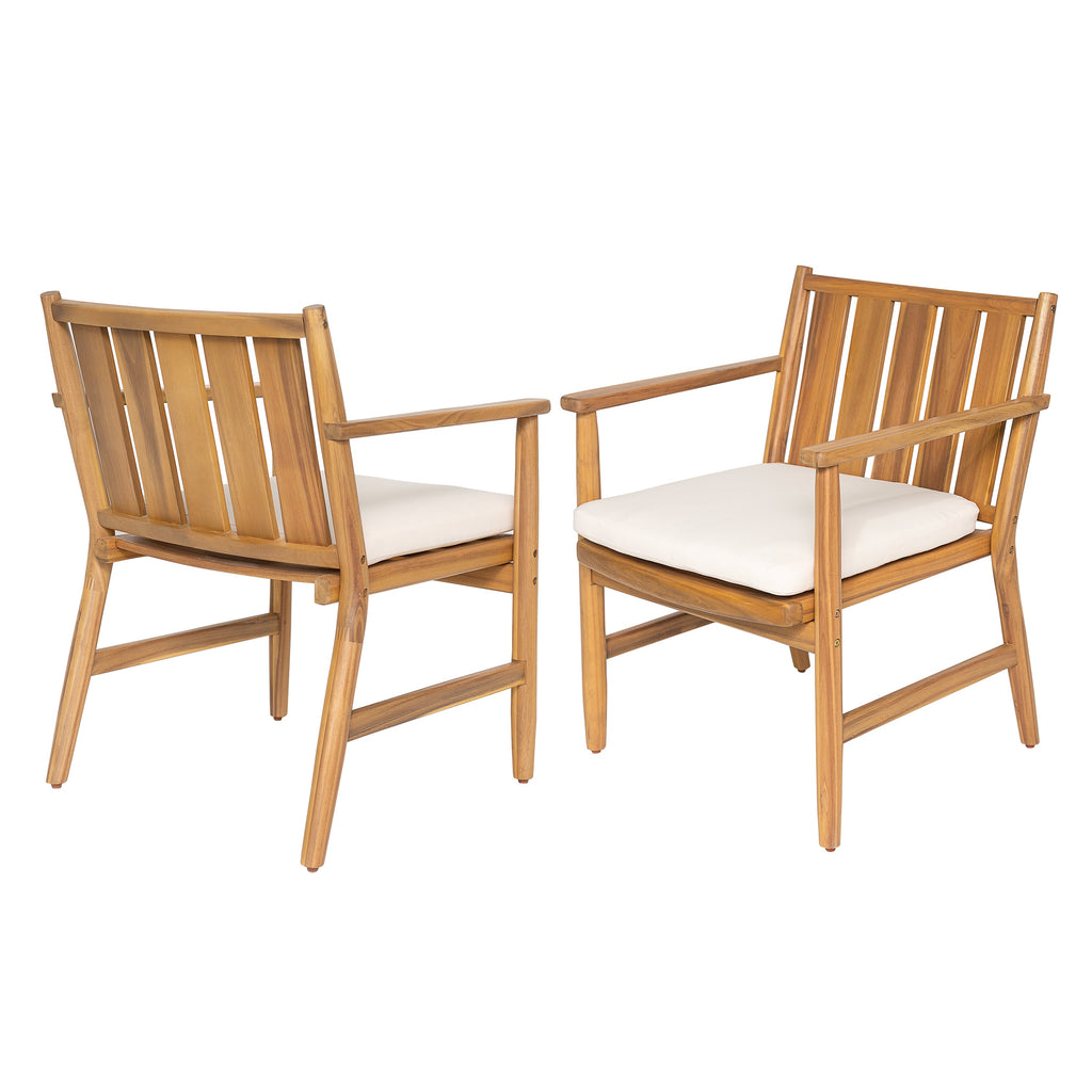 2-Piece Outdoor Acacia Wood Arm Dining Chairs with Removable Cushions