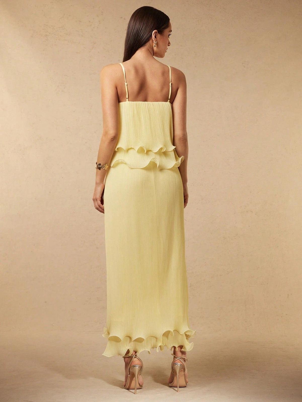 Pleated Yellow Strap Spliced Tiered Long Dress
