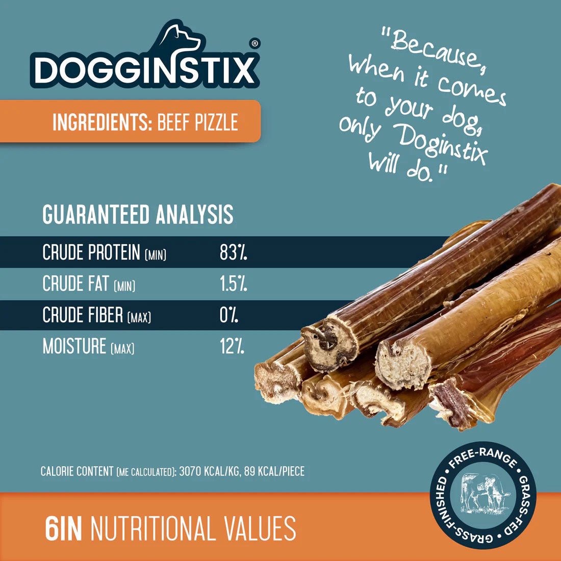 Dogginstix Bully Stick Dog Chew, All-Natural, Grass-Fed Beef, Odor-Free