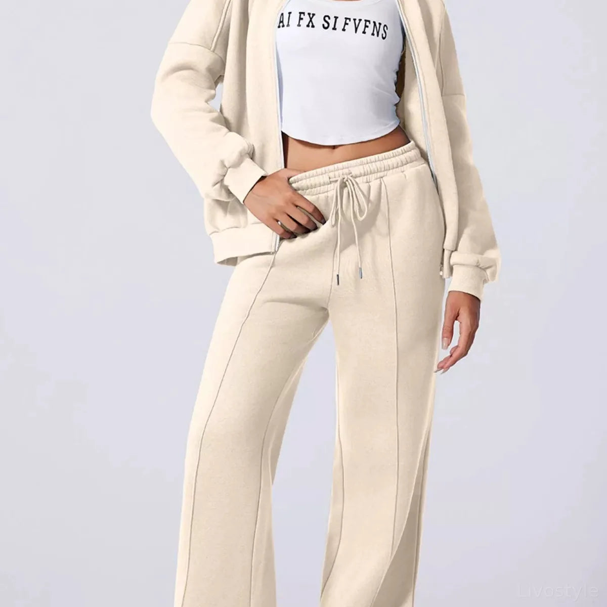 Drop Shoulder Zip Up Jacket and Drawstring Pants Active 2pcs Set