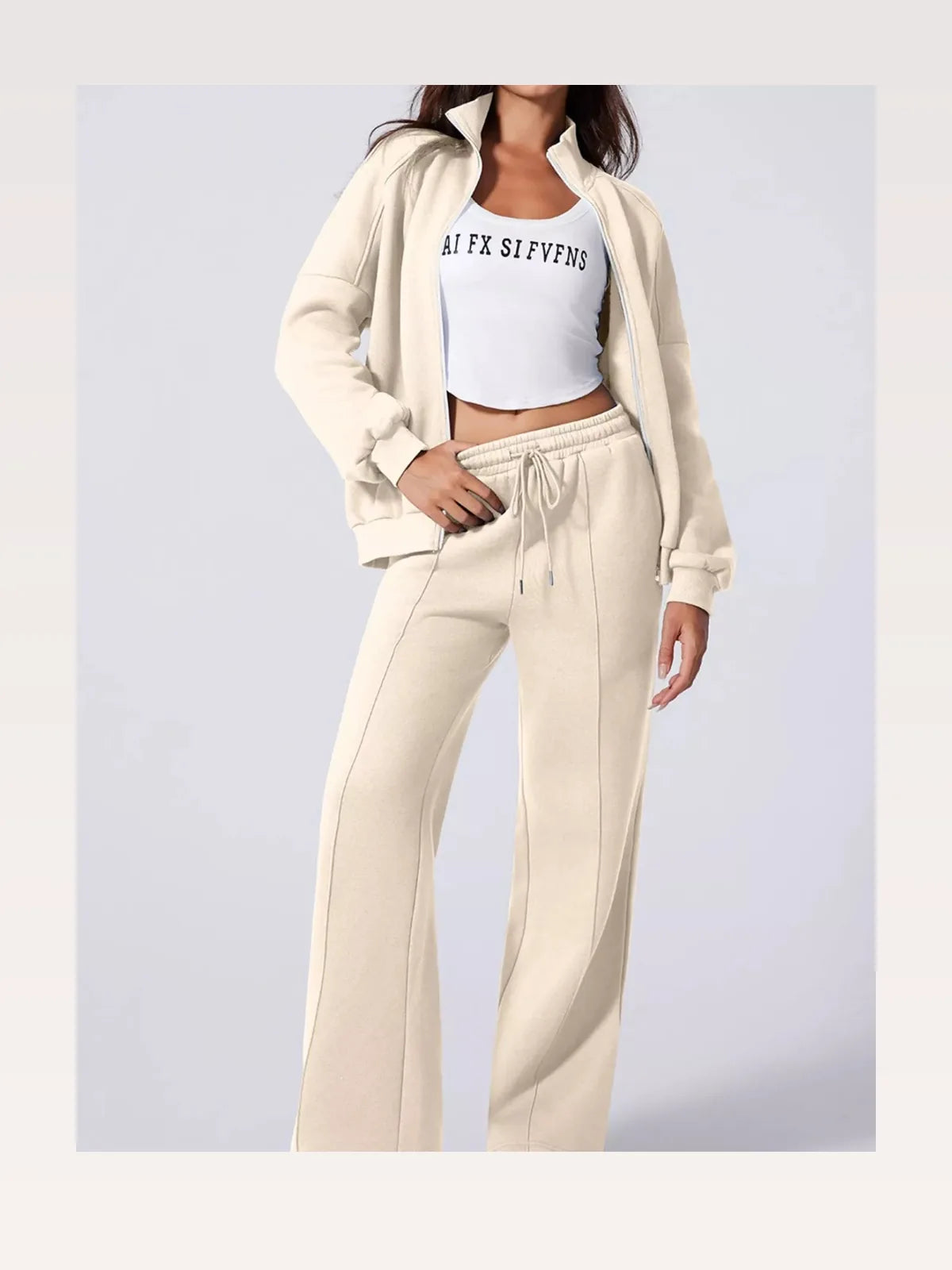 Drop Shoulder Zip Up Jacket and Drawstring Pants Active 2pcs Set