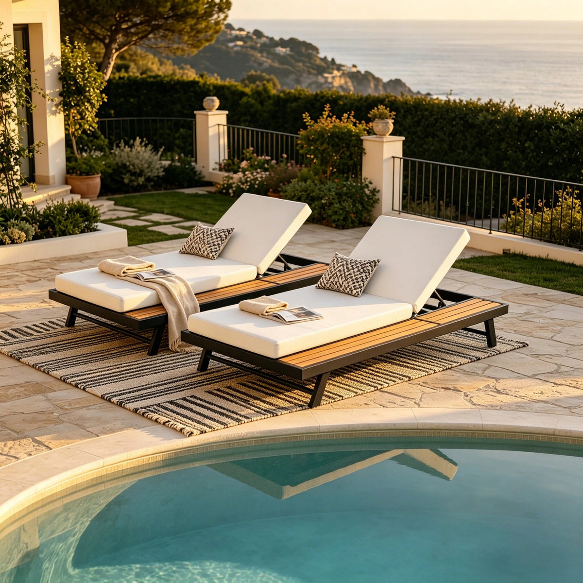 Black Iron and Teak Finish Chaise Lounge Set