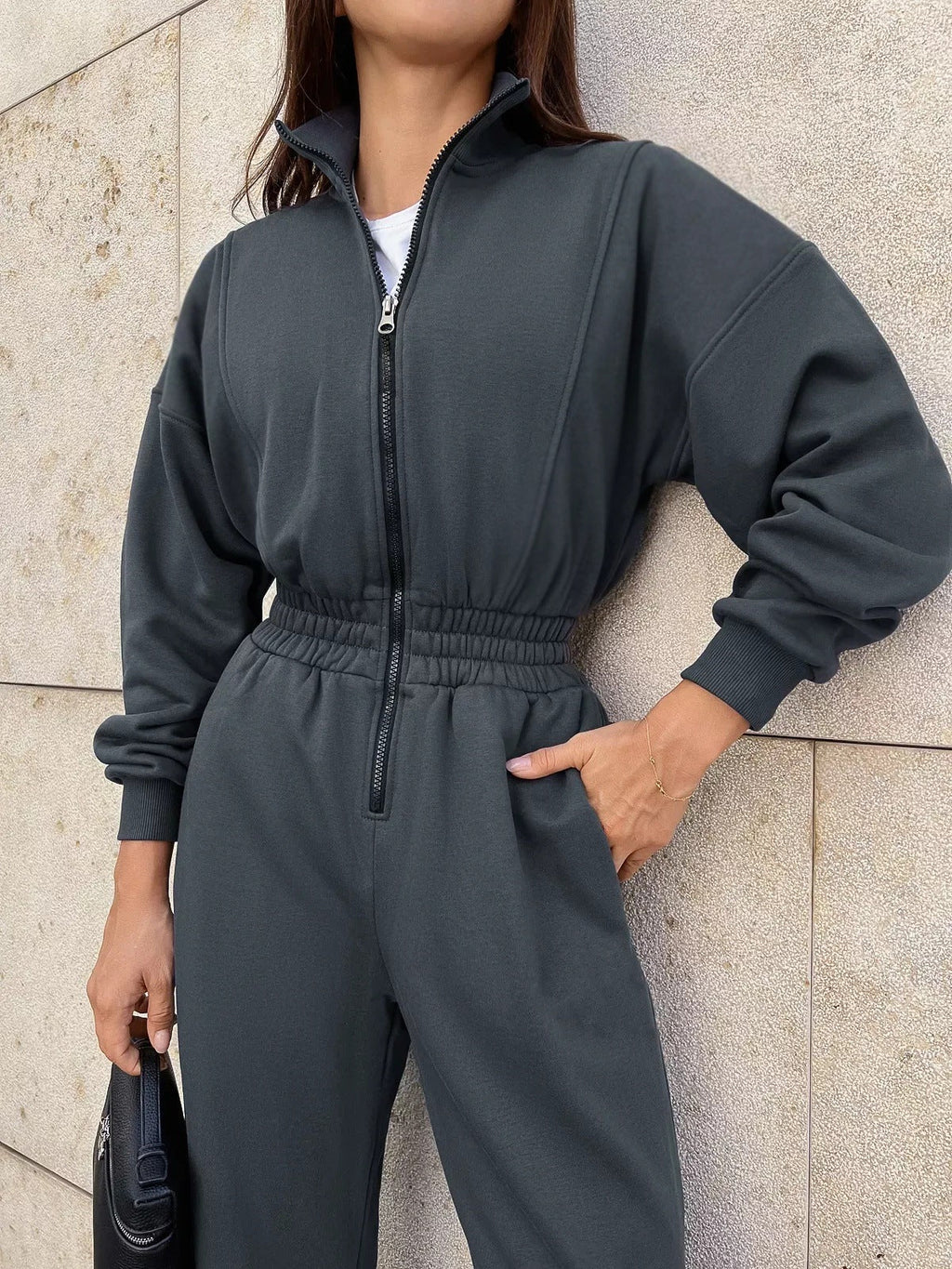 Women's Casual Long-sleeve Zip-up Collar Jumpsuit