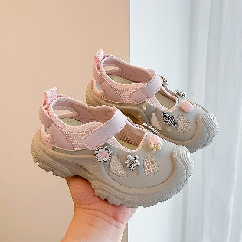 Trendy Brand Kids Mary Jane Sneakers, Hollow Out Heel Design, Hook-and-Loop Slip-On Breathable Mesh Shoes For Girls