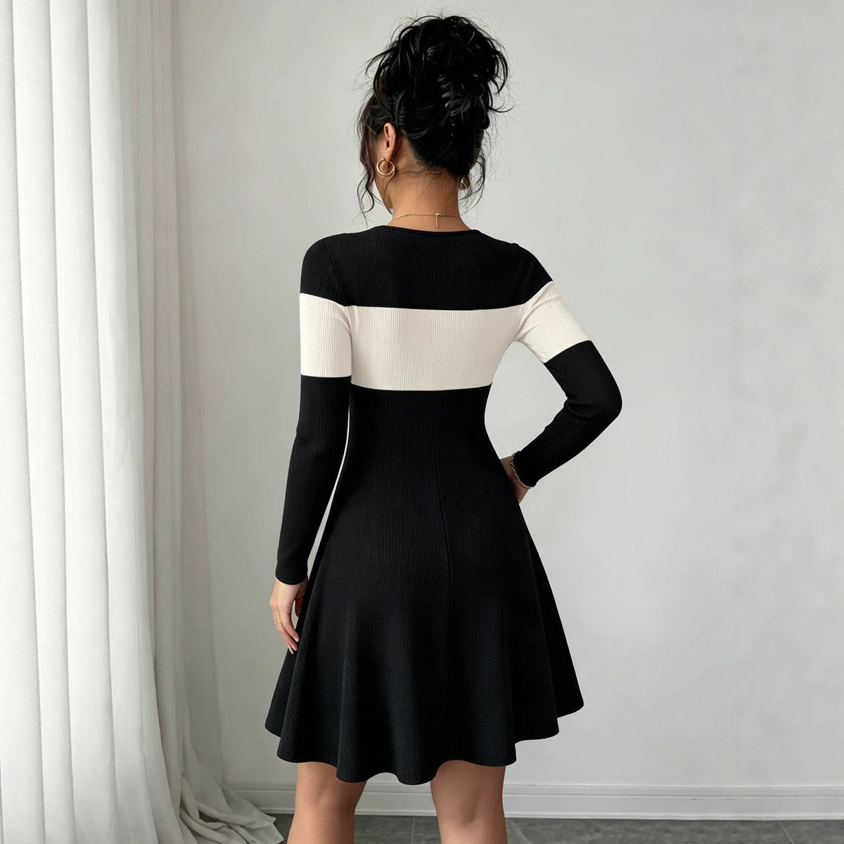 Women's New Arrival Color-block Patchwork Round-neck Long-sleeve Dress